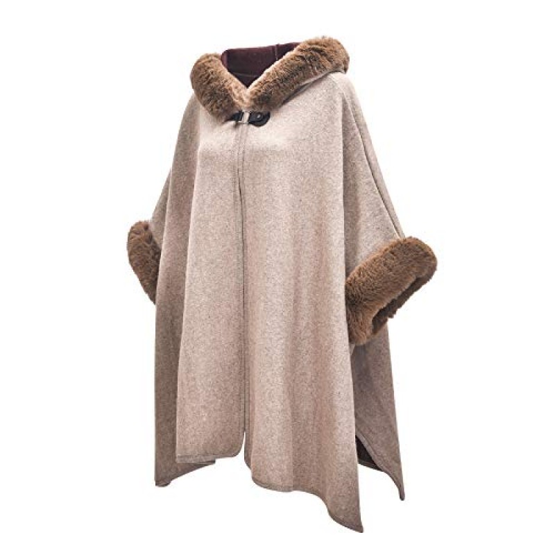 ZLYC 여성 겨울 패션 가짜 모피 트림 레이어 후드 카디건 따뜻한 케이프 스웨터 망토