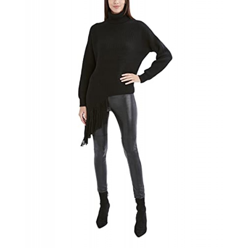 BCBGMAXAZRIA 비대칭 프린지 밑단이 있는 여성용 긴 소매 터틀넥 스웨터
