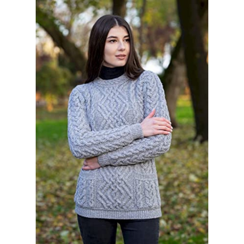 100% 메리노 울 아일랜드 따뜻한 케이블 니트 여성 크루넥 장착 스웨터 그레이/내추럴/네이비 블루 포켓 포함