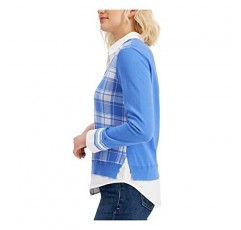 타미 힐피거 여성 체크 무늬 레이어드 풀오버 스웨터 블루 M