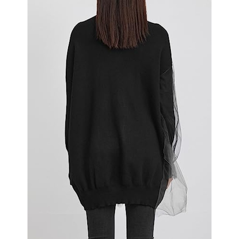 S·DEER 여성용 터틀넥 프린트 메쉬 긴 소매 드롭 숄더 풀오버 긴 스웨터 세련된 2023 패션 가을 겨울상의