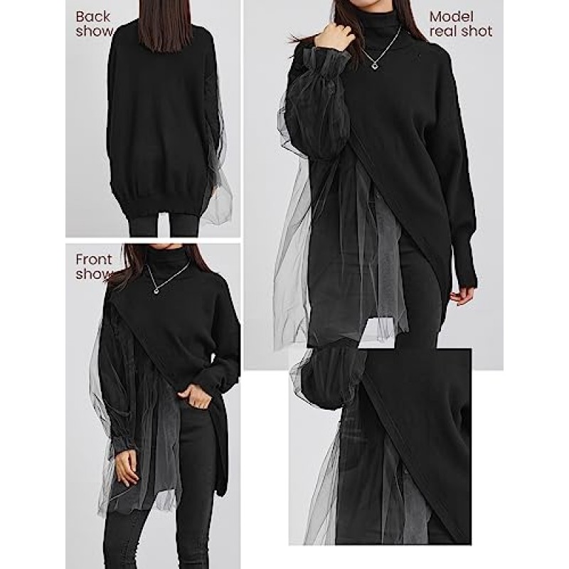 S·DEER 여성용 터틀넥 프린트 메쉬 긴 소매 드롭 숄더 풀오버 긴 스웨터 세련된 2023 패션 가을 겨울상의