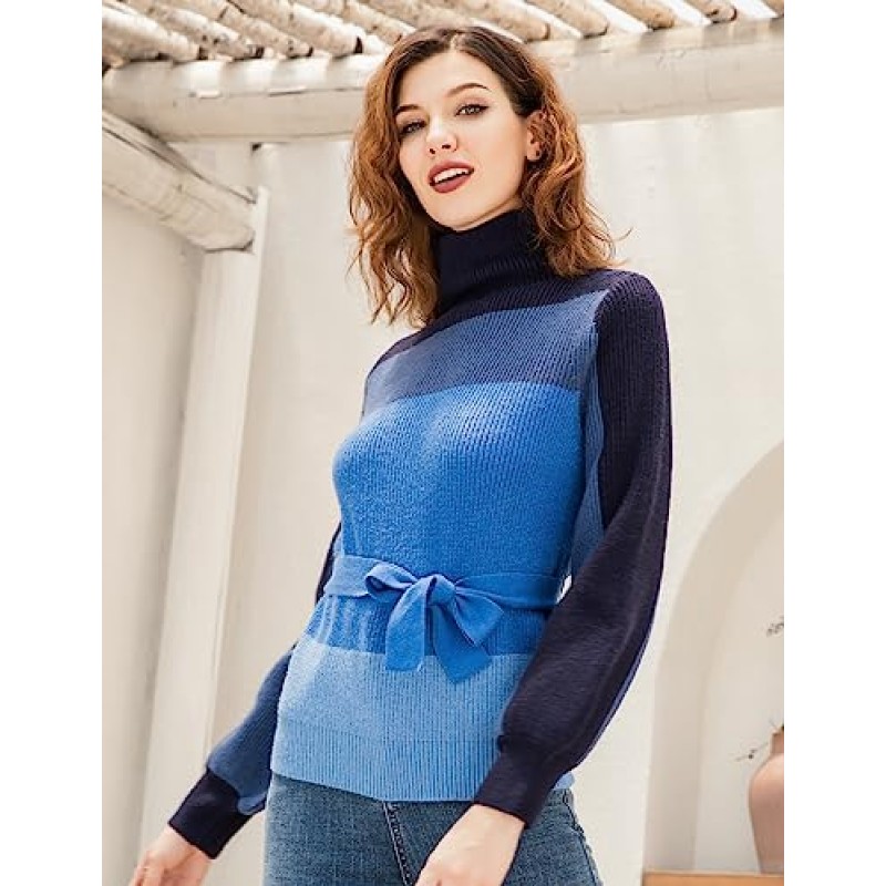 S·DEER 여성용 터틀넥 랜턴 긴 소매 스웨터 컬러 블록 스트라이프 2023 가을 겨울 패션 세련된 블라우스 점퍼