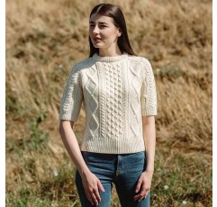 여성용 전통 아이리쉬 스웨터 반소매 케이블 니트 - 100% 메리노 울