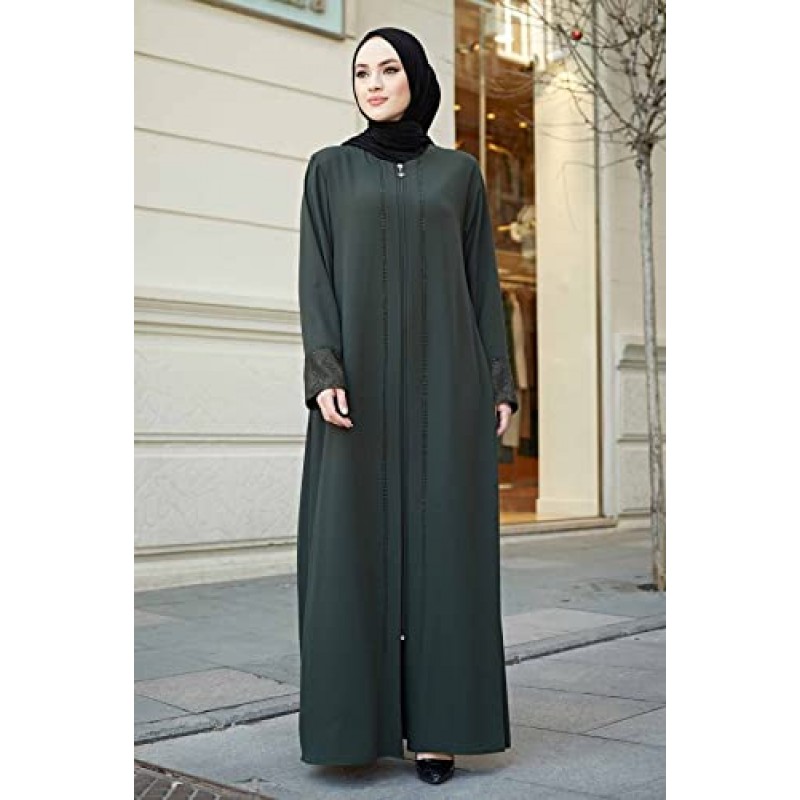 istanbulstyles 여성용 아바야 레이스 아플리케 긴 소매 바닥 길이 지퍼 바닥 길이 터키 이슬람 패션