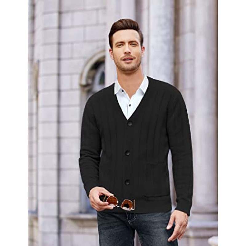 COOFANDY 남성용 카디건 스웨터 케이블 니트 V 넥 버튼 업 스웨터 포켓이 있는 골지 카디건 스웨터