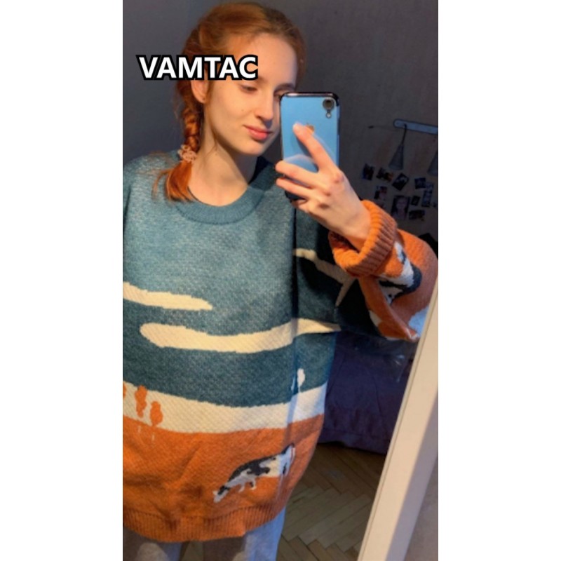Vamtac Mens 빈티지 특대 암소 스웨터 긴 소매 라운드 넥 니트 풀오버 점퍼 남여 streetwear 스웨터