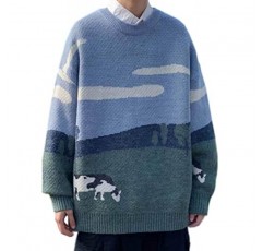 Vamtac Mens 빈티지 특대 암소 스웨터 긴 소매 라운드 넥 니트 풀오버 점퍼 남여 streetwear 스웨터
