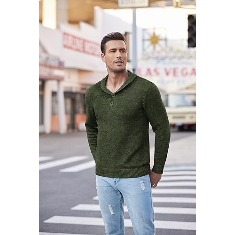 COOFANDY 남성 패션 숄 칼라 스웨터 버튼이 있는 슬림핏 케이블 니트 풀오버 스웨터