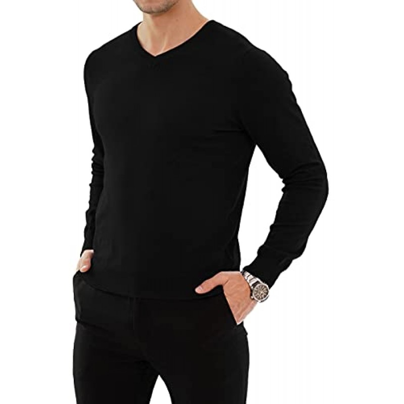 YTD 남성 캐주얼 슬림핏 V 넥 풀오버 긴 소매 니트 풀오버 스웨터
