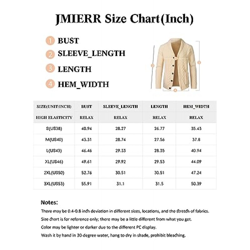JMIERR 남성 캐주얼 카디건 스웨터 긴 소매 숄 칼라 버튼 다운 케이블 니트 코트(포켓 포함)