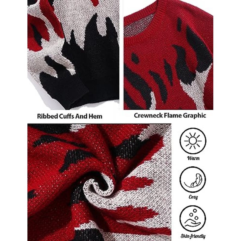 ZAFUL Mens Crewneck 대형 스웨터 Y2K 미적 불꽃 그래픽 니트 스웨터 캐주얼 풀오버 긴 소매 점퍼