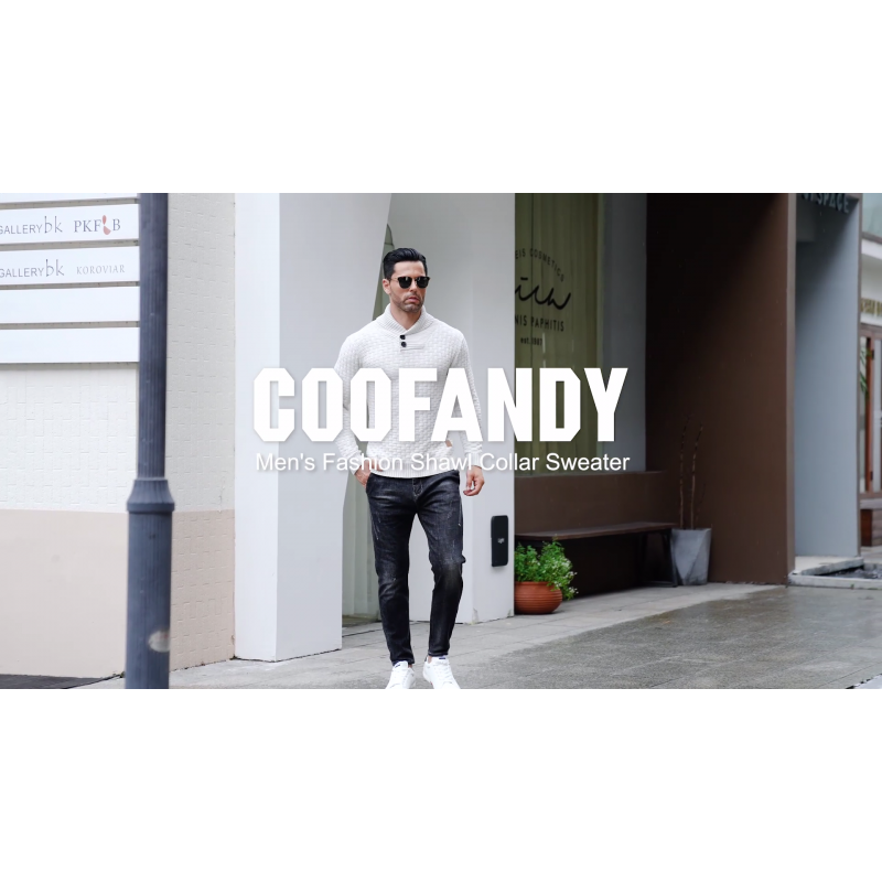 COOFANDY 남성용 숄 칼라 풀오버 스웨터 캐주얼 슬림핏 버튼 질감 니트 스웨터