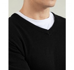 QUALFORT 남성 100% 면 V 넥 스웨터 캐주얼 니트 풀오버 스웨터