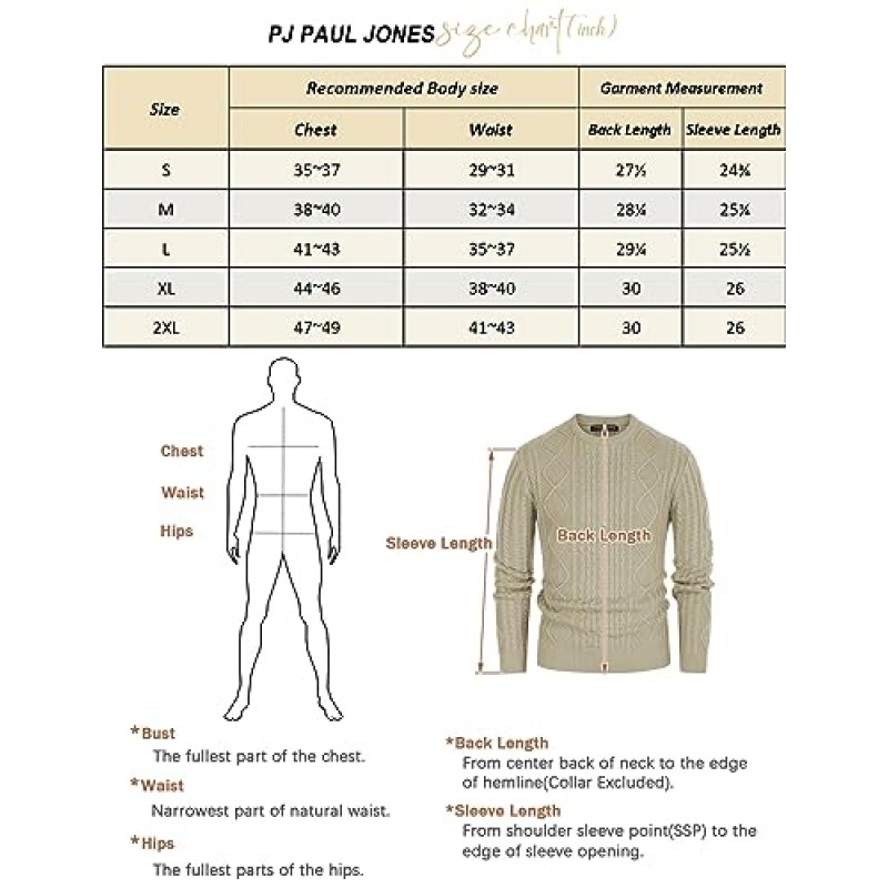 PJ PAUL JONES 남성용 케이블 니트 풀오버 스웨터 빈티지 크루넥 스트레치 웜 스웨터