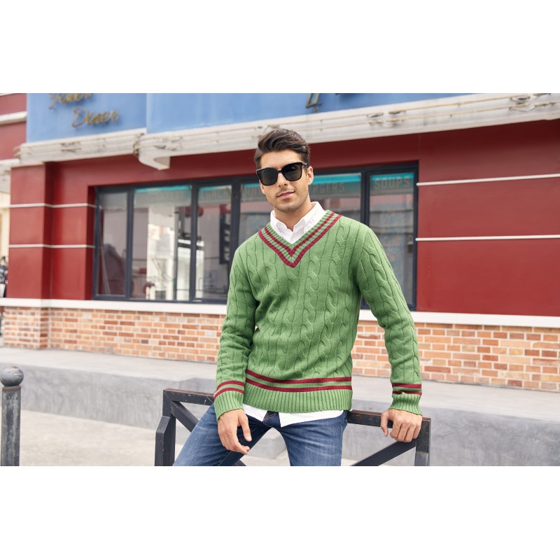 PASLTER 남성 V 넥 스웨터 케이블 니트 청키 릴렉스 핏 패션 트위스트 열 풀오버 테니스 스웨터
