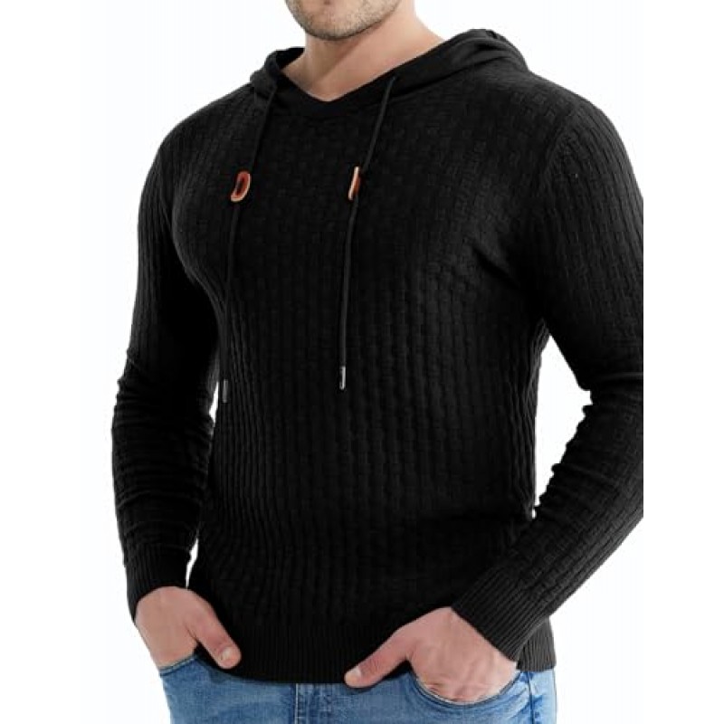 Askdeer 남성용 풀오버 스웨터 남성용 소프트 크루 넥 스웨터 후드가있는 클래식 캐주얼 니트 리브 에지 스웨터