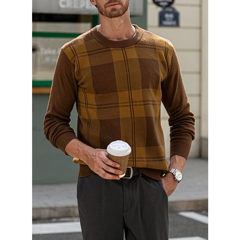 JMIERR 남성 체크 무늬 크루넥 스웨터 캐주얼 소프트 스트레치 클래식 핏 경량 니트 스웨터 풀오버
