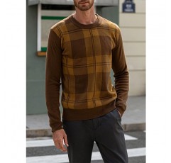 JMIERR 남성 체크 무늬 크루넥 스웨터 캐주얼 소프트 스트레치 클래식 핏 경량 니트 스웨터 풀오버