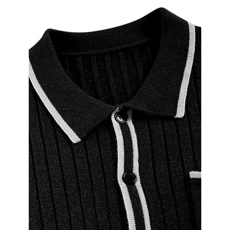 ZAFUL 2023 남성용 V 넥 카디건 스웨터 대비 줄무늬 트림 긴 소매 캐주얼 버튼 다운 폴로 스웨터 탑
