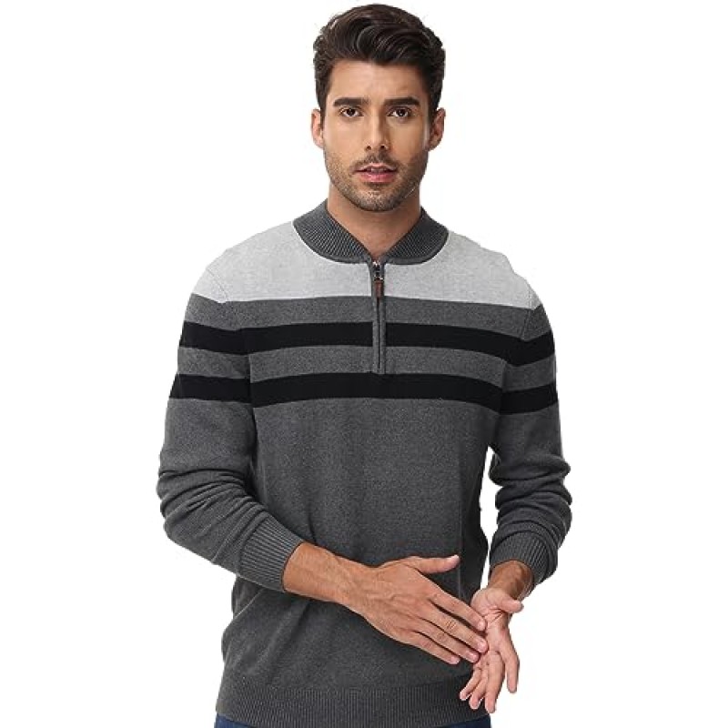YuKaiChen 남성용 스웨터 1/4 지퍼업 경량 캐주얼 스트라이프 풀오버 폴로 스웨터