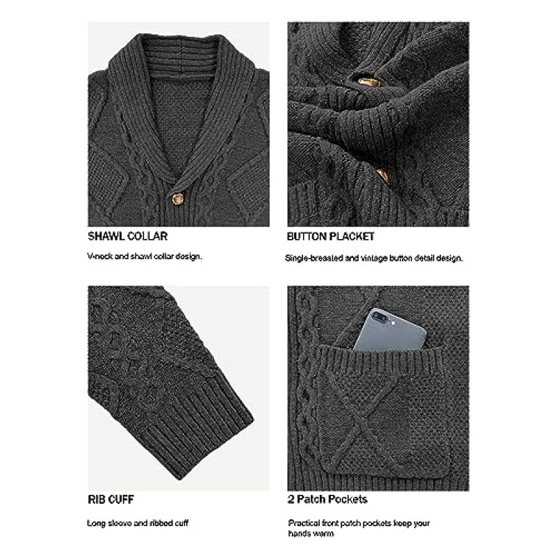Comdecevis 남성용 숄 칼라 카디건 스웨터 슬림핏 버튼 다운 케이블 니트 스웨터(포켓 포함)