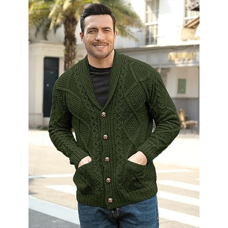 Comdecevis 남성용 숄 칼라 카디건 스웨터 슬림핏 버튼 다운 케이블 니트 스웨터(포켓 포함)
