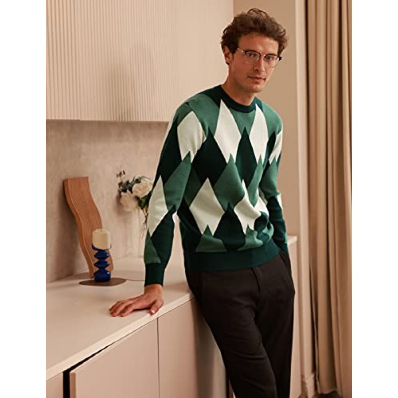 GRACE KARIN 남성용 레트로 아가일 스웨터 긴 소매 슬림핏 크루넥 풀오버 스웨터