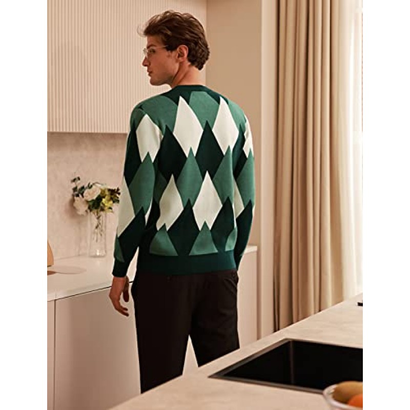 GRACE KARIN 남성용 레트로 아가일 스웨터 긴 소매 슬림핏 크루넥 풀오버 스웨터