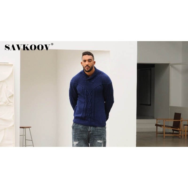 SAVKOOV 남성용 숄 칼라 풀오버 스웨터 캐주얼 버튼 케이블 니트 스웨터