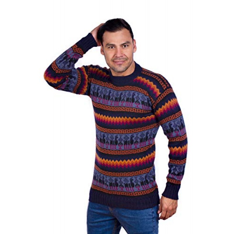 INTI ALPACA 남성용 크루넥 네이비 블루 알파카 스웨터 - 겨울 풀오버