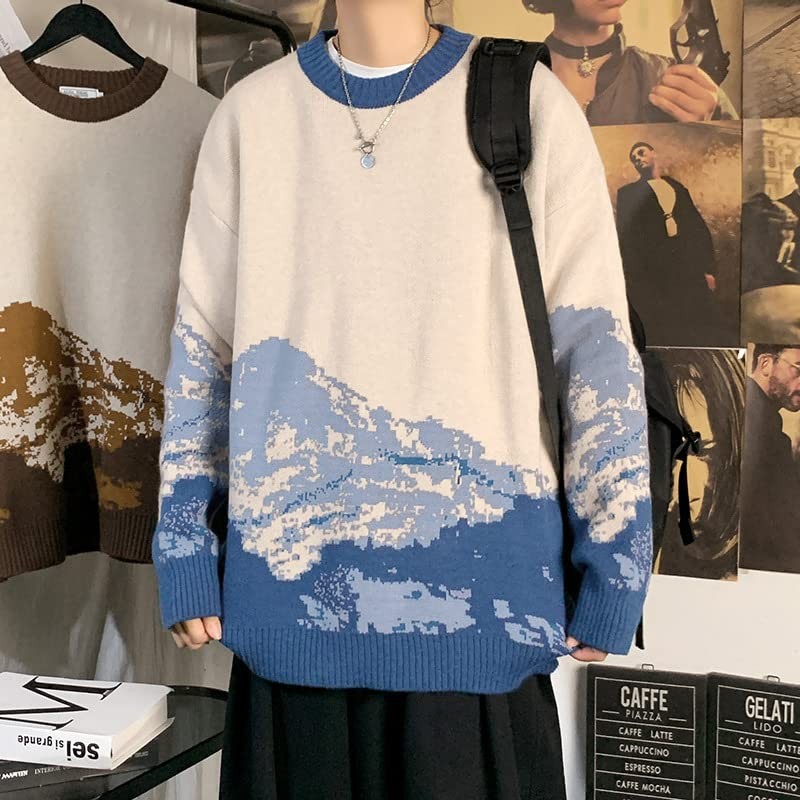 CORIRESHA 남성 빈티지 스웨터 크루넥 패턴 컬러블록 니트