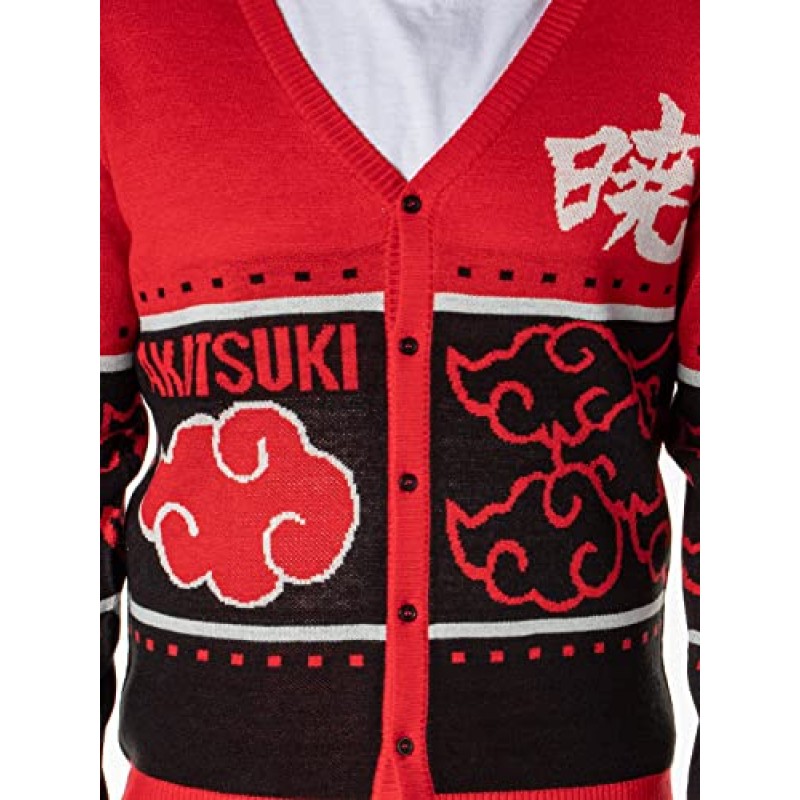 나루토 질풍전 남성용 아카츠키 레드 클라우드 어글리 크리스마스 스웨터 버튼업 니트 가디건