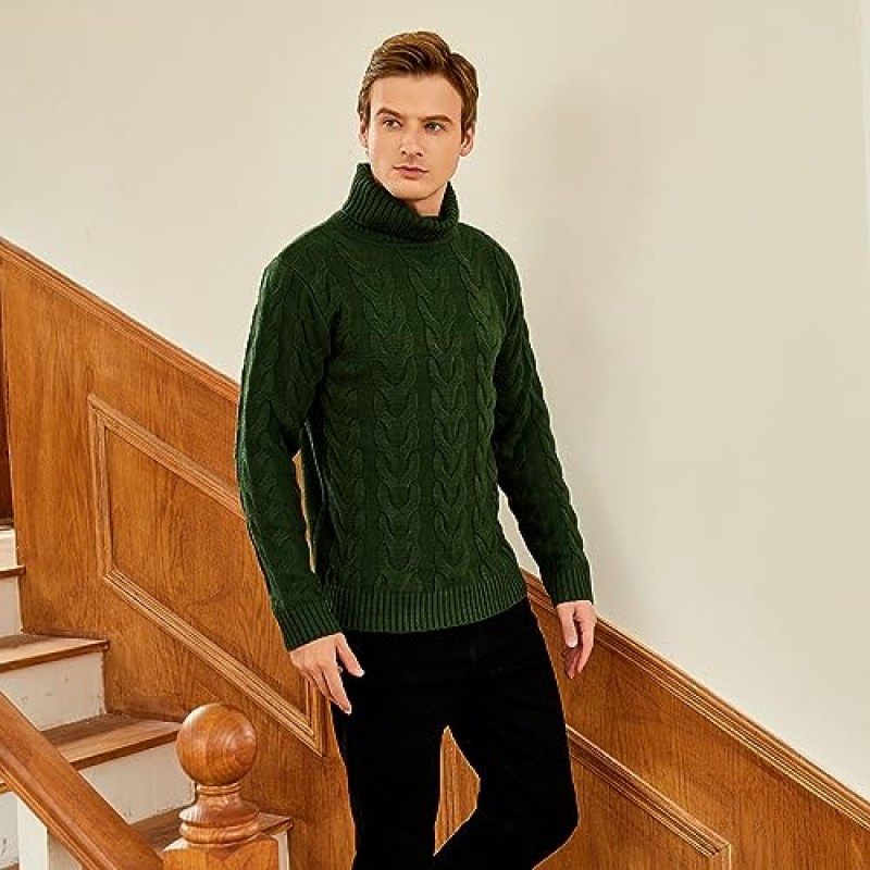 Snullo 남성용 터틀넥 스웨터 슬림핏 케이블 니트 스웨터 긴 소매 골지 풀오버 니트웨어