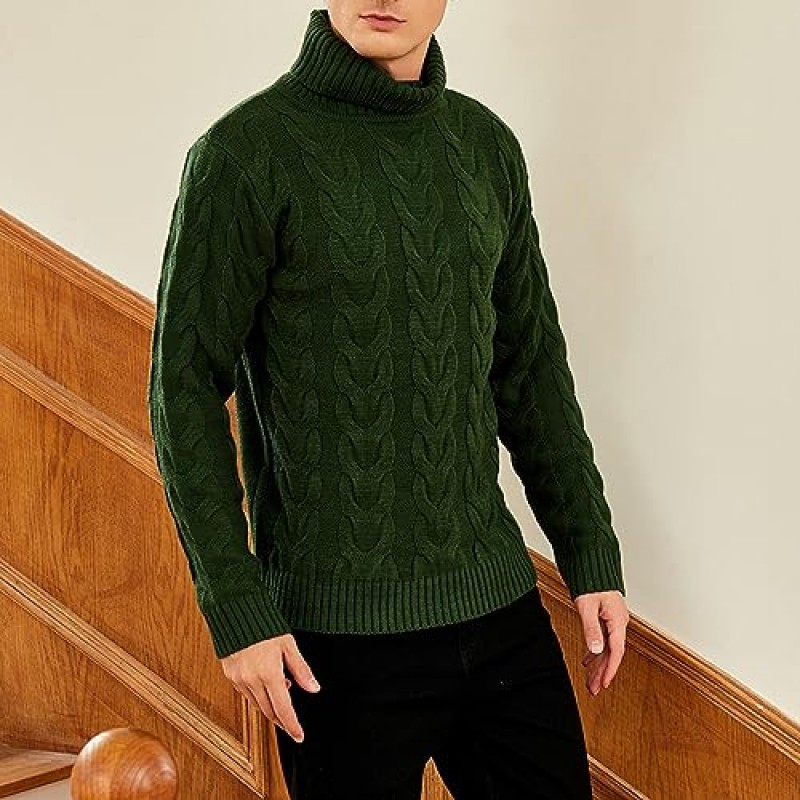 Snullo 남성용 터틀넥 스웨터 슬림핏 케이블 니트 스웨터 긴 소매 골지 풀오버 니트웨어