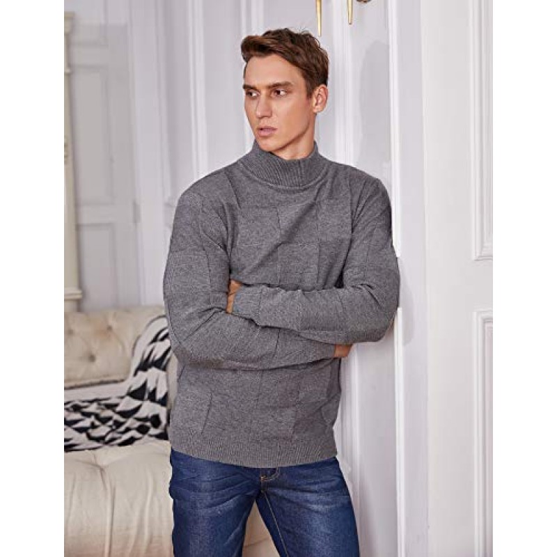 COOFANDY 남성 터틀넥 스웨터 긴 소매 격자 무늬 골지 니트 풀오버 스웨터