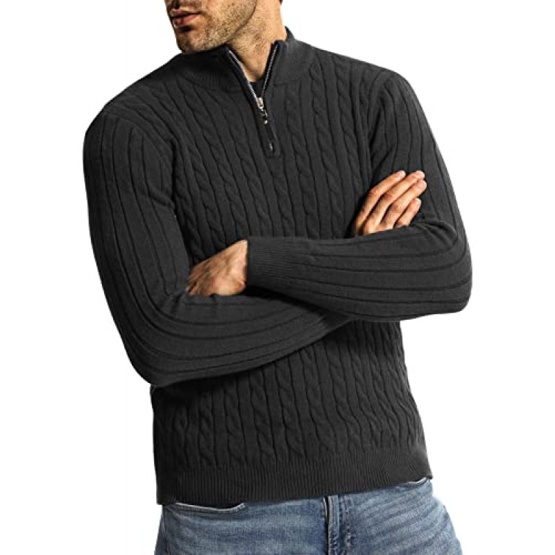 Surenow 남성용 쿼터 지퍼 스웨터 케이블 니트 크루 넥 풀오버 스웨터 슬림 피트 소프트 남성용 캐주얼 폴로 스웨터