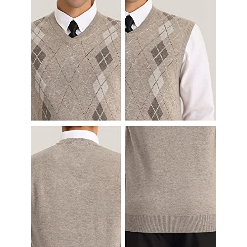 Lars Amadeus 남성용 아가일 스웨터 조끼 민소매 V 넥 슬림핏 풀오버 니트 스웨터