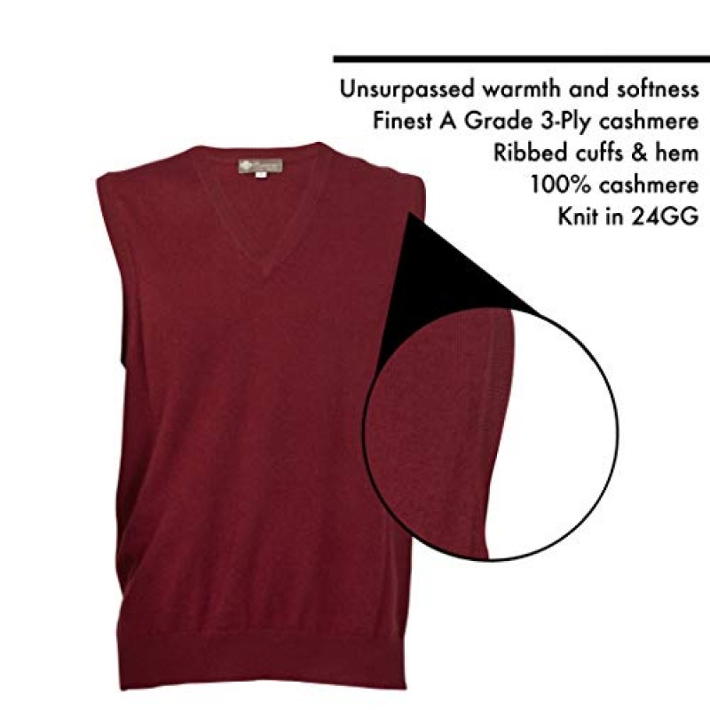 캐시미어 부티크: 남성용 클래식 100% 순수 캐시미어 민소매 V넥 조끼 스타일 풀오버 스웨터(6가지 색상, 사이즈: M/L/XL)