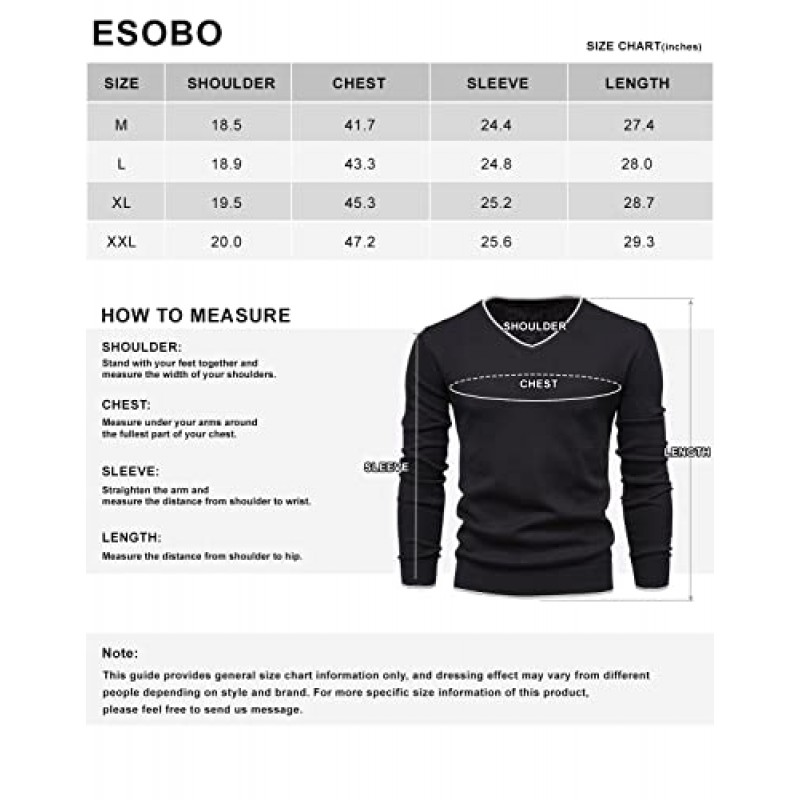 Esobo 남성 코튼 V 넥 스웨터 니트 점퍼 스웨터 긴 소매 풀오버 탑