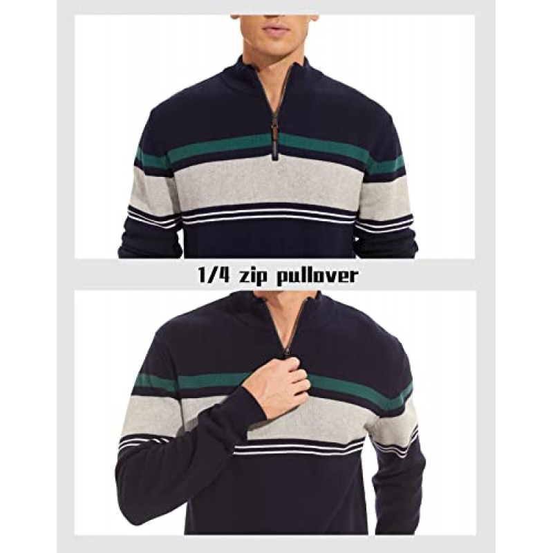 MAGCOMSEN 남성용 스웨터 1/4 지퍼 업 캐주얼 스트라이프 풀오버 폴로 스웨터 가을 겨울 스웨트 셔츠