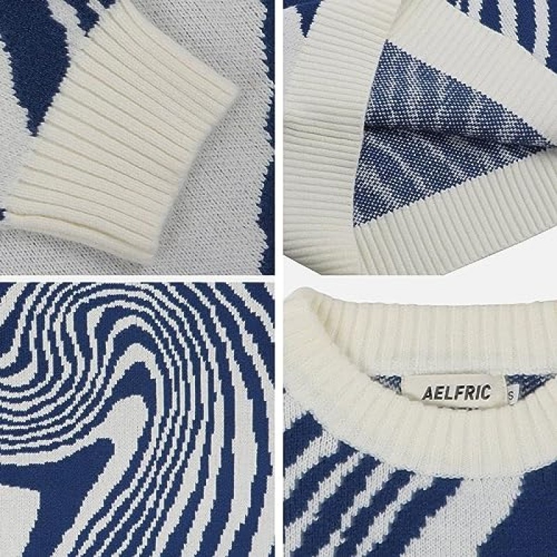 Aelfric Eden 오버사이즈 그래픽 스웨터 컬러 블록 니트 풀오버 크루넥 캐주얼 스트리트웨어 스웨터 블루