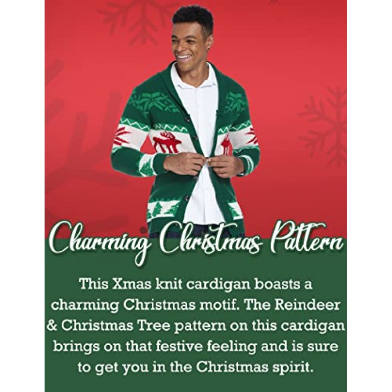 COOFANDY 남성용 크리스마스 가디건 추악한 크리스마스 스웨터 순록 눈송이 숄 칼라 니트 가디건 스웨터