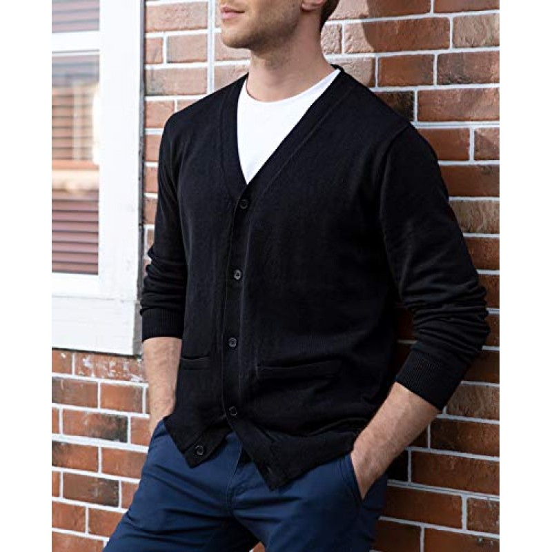 QUALFORT 남성용 카디건 스웨터 100% 코튼 포켓 캐주얼 슬림핏 V 넥 니트 스웨터 버튼 업