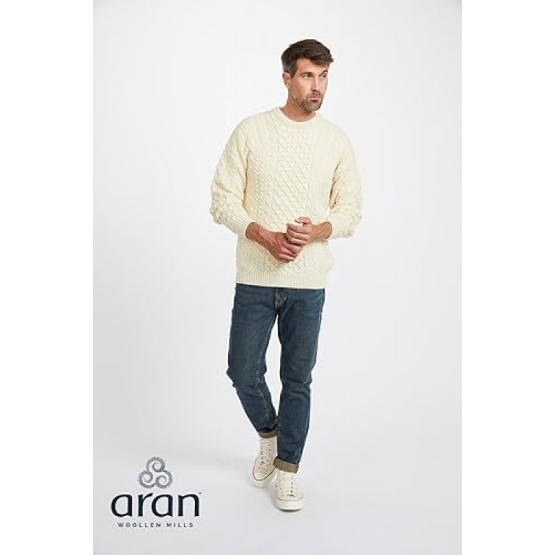 Aran Woolen Mills 남성용 아이리쉬 울 스웨터, 100% 리얼 아이리쉬 울 점퍼, 전통 아란 니트 패턴