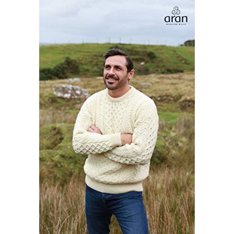 Aran Woolen Mills 남성용 아이리쉬 울 스웨터, 100% 리얼 아이리쉬 울 점퍼, 전통 아란 니트 패턴