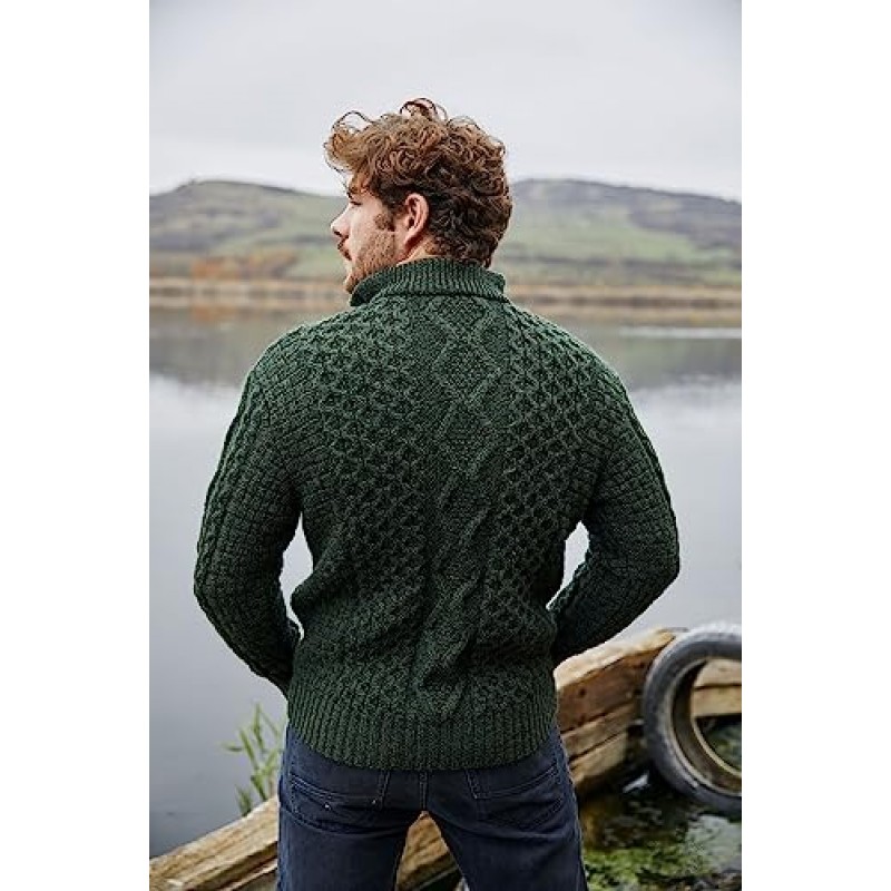 SAOL Aran 스웨터 남성용 아일랜드 어부용 울 지퍼 넥 스웨터 카디건 Made in Ireland