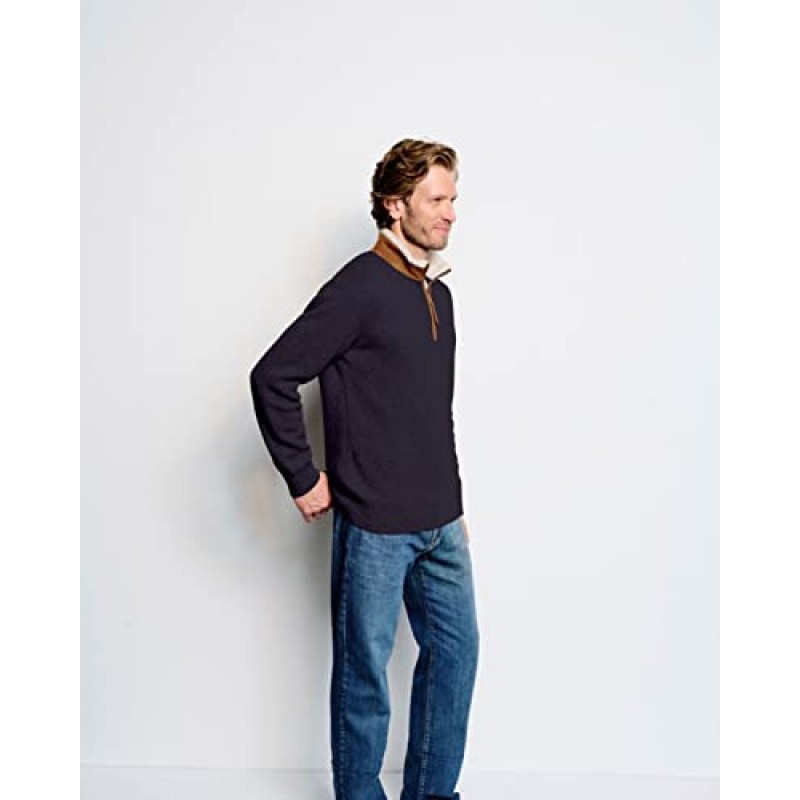 Orvis Stowe 남성용 쿼터 지퍼 풀오버 ​​- 부드러운 인조 스웨이드 칼라가 있는 편안한 램스울 및 셰르파 플리스 스웨터