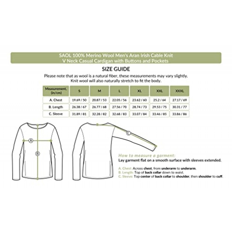 SAOL 100% 메리노 울 남성용 아란 케이블 니트 V 넥 캐주얼 아일랜드 카디건 (버튼과 포켓 포함)