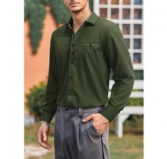 HISDERN 망 드레스 셔츠 긴 소매 공식 캐주얼 버튼 다운 셔츠 남성용 비즈니스 대비 칼라 드레스 셔츠